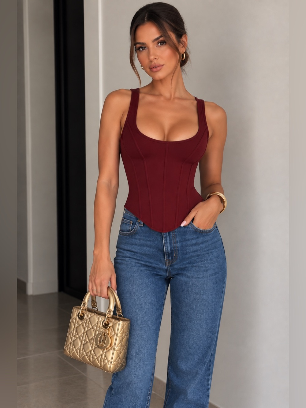 Scoop Neck Burgundy Corset-Style Camisole Tank